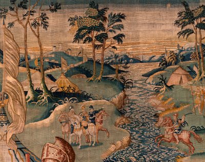 弗拉芒挂毯。格拉尼克斯河附近的军营（Het legerkamp bij de rivier Granikos）。奥德纳德工作室。377x393 厘米。Inv 83104-9 /00011。17 世纪。 作者 佛兰芒学校