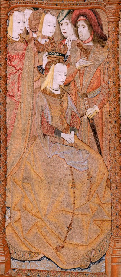 佛兰德挂毯圣母奉献系列》或《金色的布》。圣母加冕》（La Coronación de la Virgen）。系列挂毯中的第四块。模特是科林-德-科特（Colyn de Coter）圈子里的漫画家。制作者：Pieter van Aelst，布鲁塞尔。约 1500-15 年 作者 佛兰芒学校