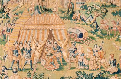 佛兰德挂毯朱迪思书》系列。荷罗费恩之前的朱迪思》（Judith ante Holofernes）。系列中的第五块挂毯。产地：荷兰，布鲁塞尔（？）16 世纪下半叶。织物：羊毛。地点：巴里的圣尼古拉教堂（博物馆 作者 佛兰芒学校