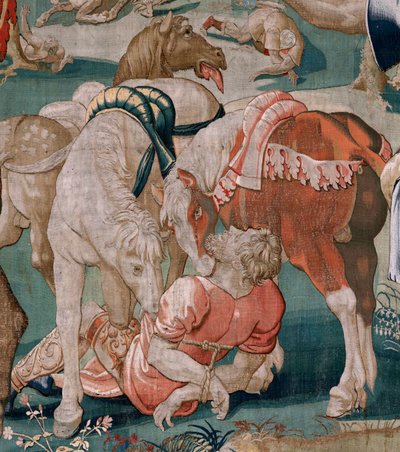 佛兰德挂毯赫拉克勒斯的劳作》系列。狄俄墨得斯的马》（Los caballos de Diomedes）。现存系列中的第三幅挂毯。型号未知。布鲁塞尔 Willem Dermoyen 制造。作于 Ca1528 年。织物：丝绸和羊毛。尺寸 350 x 400 厘米。地点：皇家 作者 佛兰芒学校