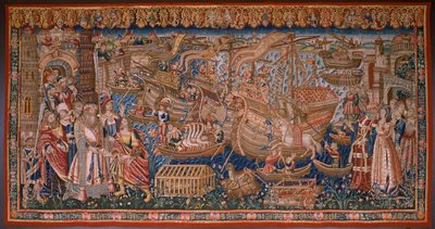佛兰德挂毯葡萄牙人在印度》系列：抵达卡利卡特（De Aankomst in Calicut, Llegado de Vasco de Gama a Lisboa）。约 1510 年。Caixa Geral de Depósitos 藏品，里斯本。 作者 佛兰芒学校