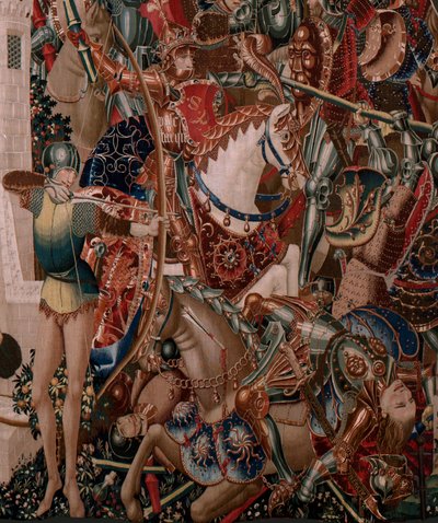佛兰德挂毯。系列不明。罗马历史？Tarquinius Priscus（塔尔基诺-普里斯科）。布鲁塞尔作坊制造？约 1475 年。织物 羊毛和丝绸，每厘米 6 根经线。由阿尔巴-德-阿利斯特伯爵捐赠，1608 年运抵大教堂。 作者 佛兰芒学校