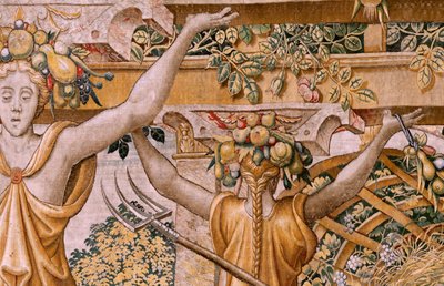 佛兰德挂毯系列 Vertumnus 和 Pomona。第 II 号变身农夫的 Vertumnus (Vertumno y Pomona II Vertumno transformado en agricultor) No1 左侧部分。Pieter Coecke Van Aelst 和 Léonard Thiry 的模型。工作室不详，布鲁塞尔。金色、 作者 佛兰芒学校