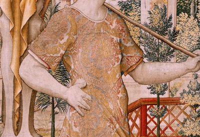 佛兰德挂毯系列 Vertumnus 和 Pomona。第 II 号变身农夫的 Vertumnus (Vertumno y Pomona II Vertumno transformado en agricultor) No1 左侧部分。Pieter Coecke Van Aelst 和 Léonard Thiry 的模型。工作室不详，布鲁塞尔。金色、 作者 Flemish School