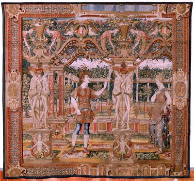 佛兰德挂毯系列 Vertumnus 和 Pomona。第 IV 号《变身为修枝剪的 Vertumnus》（Vertumno y Pomona IV (Vertumno transformado en podador)）。Pieter Coecke Van Aelst 和 Léonard Thiry 的模型。工作室不详，布鲁塞尔。金、丝绸和羊毛。B 作者 佛兰芒学校