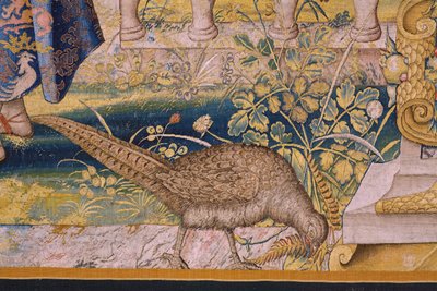 佛兰德挂毯系列 Vertumnus 和 Pomona：Vertumnus als landbouwer，Vertumno transformado en agricultor）。Willem de Pannemaker工作室。约 1545-1550 年。细节。 作者 佛兰芒学校