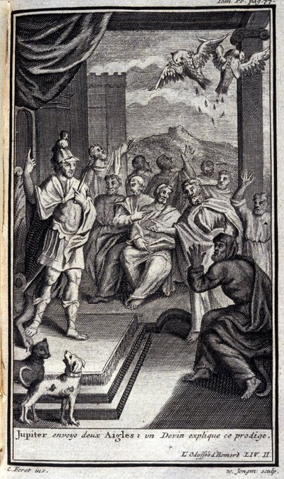 木星送出两只鹰：安抚奶嘴解释了这个神童。 1731 年在阿姆斯特丹出版的《奥德赛》中的《荷马的奥德赛》第二册 Lustration，米兰私人收藏。 作者 佛兰芒学校