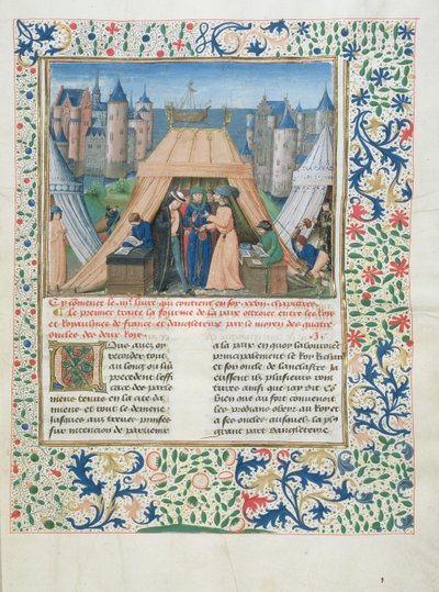MS W201 f.147来自Chroniques dAngleterre的和平条约（Vol.IV）1475-80（牛皮纸上的蛋彩画） 作者 Flemish School