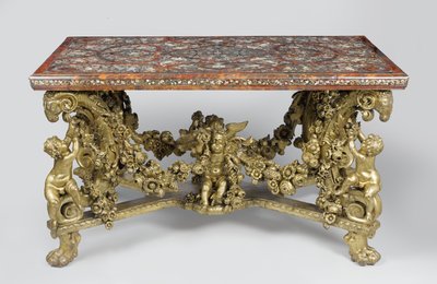 雕刻和镀金石灰木底座上的镶嵌桌，1689年 作者 佛兰芒学校