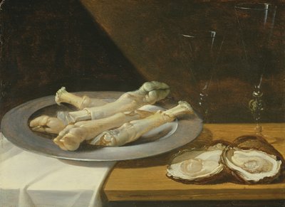 猪用指甲板上的猪指关节用牡蛎和酒杯在垂褶的桌子上，c.1630 作者 佛兰芒学校