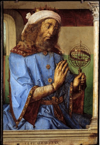 希腊天文学家托勒密 (Claudius Ptolemaeus, ca. 90-168) 的肖像。 Pedro Berruguete（约 1450-1504 年之前）和 Just Of Ghent（1435-1480）Ec 的绘画。 火焰 作者 佛兰芒学校