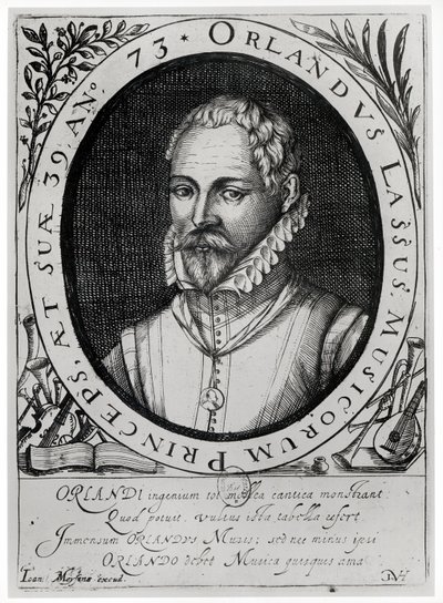 Roland de Lassus的肖像（1532-94）（雕刻）（bw照片） 作者 佛兰芒学校