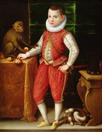 一位年轻贵族的画象有猴子和狗的，c.1615 作者 Flemish School