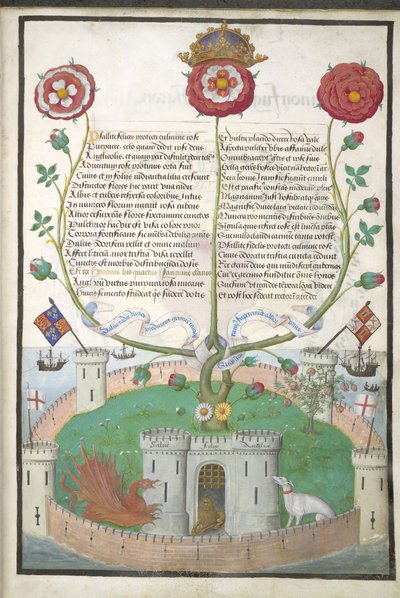 Royal MS 11 E Xl fol.2 Verses with Tudor symbols，c.1516（牛皮纸） 作者 佛兰芒学校