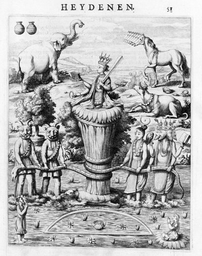 Samudramathana，由天神（苏里亚、湿婆、毗湿奴、梵天）与恶魔和坐骑共同参与。 根据 Baldaeus Philippus Afgoderye der oost-indische Heydenen。 阿姆斯特丹 1672 作者 佛兰芒学校