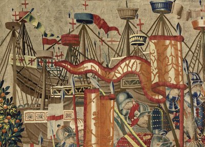 显示葡萄牙国王阿方索五世（Conquistas de Alfonso V de葡萄牙），图尔纳的征服的挂毯。细节。 （羊毛和丝绸） 作者 佛兰芒学校