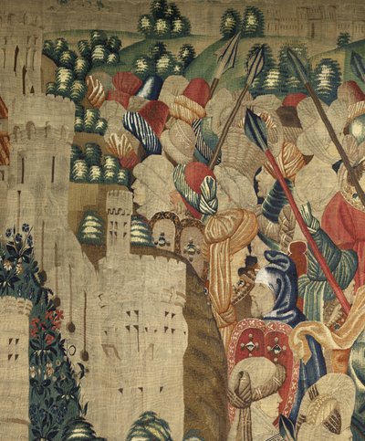 显示葡萄牙国王阿方索五世（Conquistas de Alfonso V de葡萄牙），图尔纳的征服的挂毯。细节。 （羊毛和丝绸） 作者 佛兰芒学校