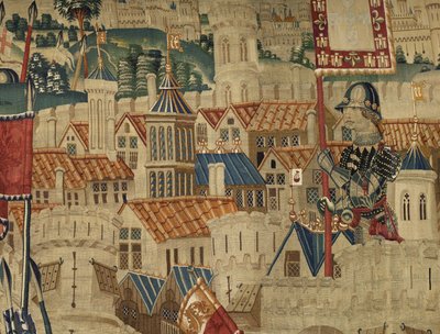 挂毯展示了葡萄牙国王阿方索五世 (Conquistas de Alfonso V de Portugal) 的征服，图尔奈。 细节。 （羊毛和丝绸） 作者 佛兰芒学校