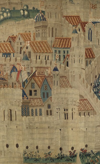 挂毯展示了葡萄牙国王阿方索五世 (Conquistas de Alfonso V de Portugal) 的征服，图尔奈。 细节。 （羊毛和丝绸） 作者 佛兰芒学校