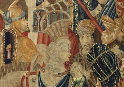 挂毯展示了葡萄牙国王阿方索五世 (Conquistas de Alfonso V de Portugal) 的征服，图尔奈。 细节。 （羊毛和丝绸） 作者 佛兰芒学校