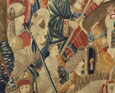 挂毯展示了葡萄牙国王阿方索五世 (Conquistas de Alfonso V de Portugal) 的征服，图尔奈。 细节。 （羊毛和丝绸） 作者 佛兰芒学校