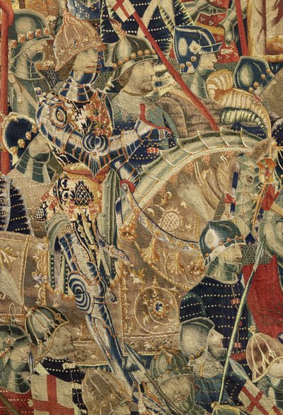 挂毯展示了葡萄牙国王阿方索五世 (Conquistas de Alfonso V de Portugal) 的征服，图尔奈。 细节。 （羊毛和丝绸） 作者 佛兰芒学校