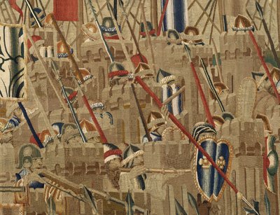 挂毯展示了葡萄牙国王阿方索五世 (Conquistas de Alfonso V de Portugal) 的征服，图尔奈。 细节。 （羊毛和丝绸） 作者 佛兰芒学校
