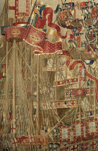 挂毯展示了葡萄牙国王阿方索五世 (Conquistas de Alfonso V de Portugal) 的征服，图尔奈。 细节。 （羊毛和丝绸） 作者 佛兰芒学校