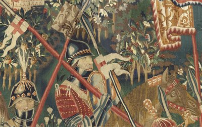 挂毯展示了葡萄牙国王阿方索五世 (Conquistas de Alfonso V de Portugal) 的征服，图尔奈。 细节。 （羊毛和丝绸） 作者 佛兰芒学校