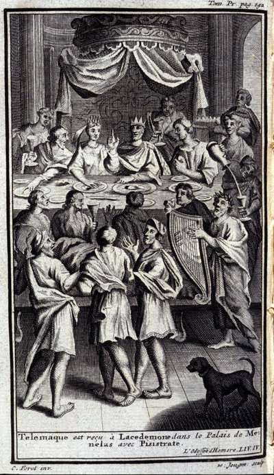 Telemaque 在 Lacedemone 的 Menelas 宫殿与 Pisistrate 被接见。 1731 年在米兰的阿姆斯特丹出版的《奥德赛》中的《荷马的奥德赛》第四册插图。 作者 佛兰芒学校