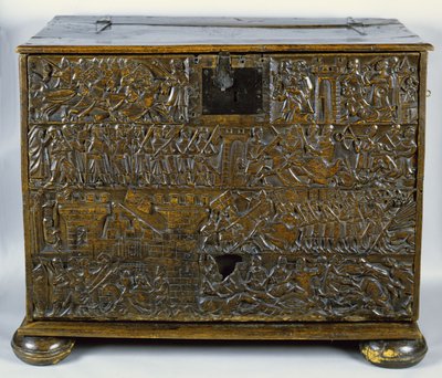 Courtrai Chest描绘了金色马刺战役的场景，于1302年在Courtrai战斗（木头） 作者 Flemish School