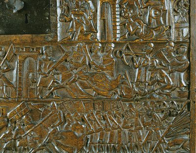 Courtrai Chest描绘了5月18日布鲁日起义，在金马刺战役期间于1302年在Courtrai战斗（木头）（细节） 作者 佛兰芒学校