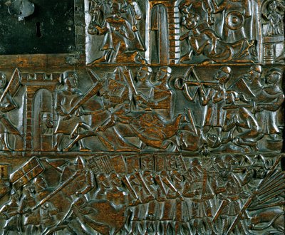 Courtrai Chest描绘了金色马刺战役的两个场景，于1302年在Courtrai战斗（木头）（细节） 作者 佛兰芒学校