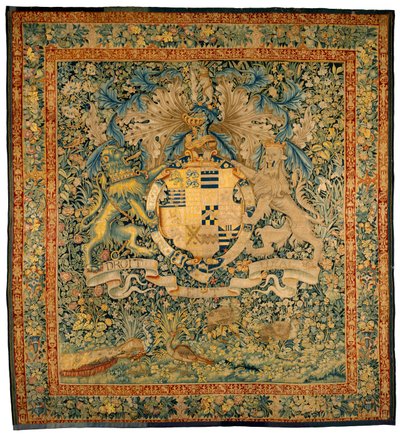 带有莱斯特伯爵罗伯特·达德利手臂的翠绿挂毯，约 1570-1585 年（羊毛、丝绸） 作者 佛兰芒学校