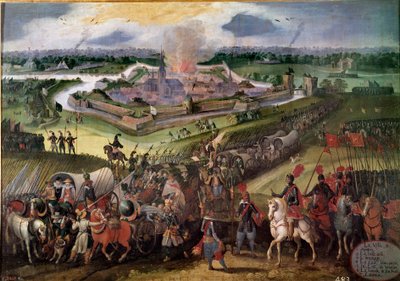 对荷兰的战争。"阿尔德勒城的景色"。奥地利大公阿尔伯特于1596年攻占了该城。17世纪弗拉芒画派的绘画。El Escorial皇家修道院，西班牙El Escorial - 对荷兰的战争。视图 作者 Flemish School