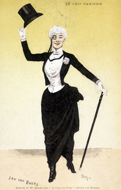 巴黎时尚 (dandy - dandysme)：雷珍小姐在“巴黎的心脏”中的服装。 时装设计师 Jan Van Beers（1852-1927）的服装，由 Redfern 执行。 弗洛里安画的。 作者 弗洛里安