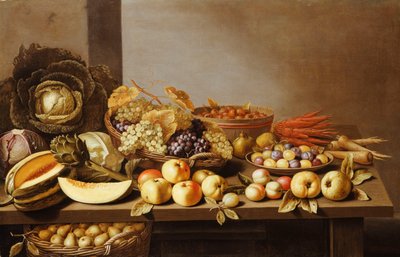 碗水果和坚果木制的桌子上，下面一篮梨， 作者 Floris Gerritsz van Schooten