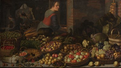 有水果和蔬菜的静物画，背景是基督在以马忤斯 作者 Floris Claesz van Dijck（拒绝归因）