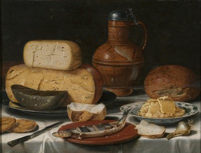 奶酪、鲱鱼、面包和葡萄酒静物画 作者 弗洛里斯·范斯库滕