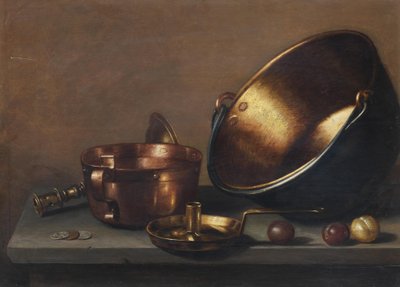 石台上的铜锅、器皿和梅子静物画 作者 弗洛里斯·范斯库滕