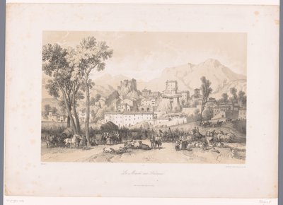 山谷中带有野兽市场的村庄景色
Le Marché aux Bestiaux（物品上的标题） 作者 福罗吉欧