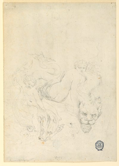 素描，忒提斯和丘比特骑鱼，约 1820 年 作者 福尔图纳托·杜兰蒂