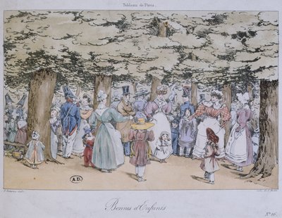 公园内的儿童和保姆，来自Tableau de Paris系列，由C. Motte雕刻，1827年 作者 财富德拉鲁