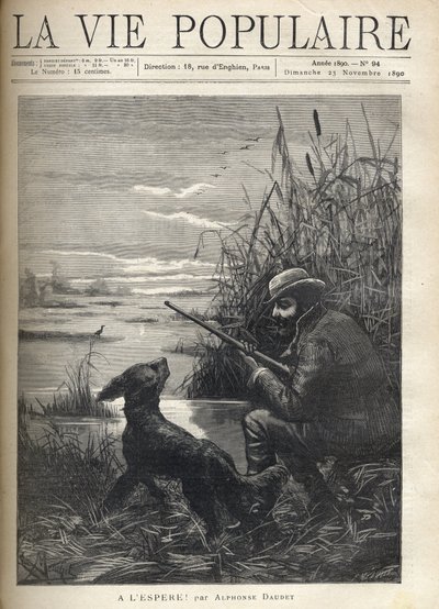 一个猎鸟人正带着他的狗在沼泽地里观察。F. Meaulle为Alphonse Daudet（1840-1897）的 "Hopefully!"的插图，作者是阿尔方斯-杜德（1840-1897）。1890年在《大众生活》中的版画。私人收藏 作者 路易斯·莫厄尔财富