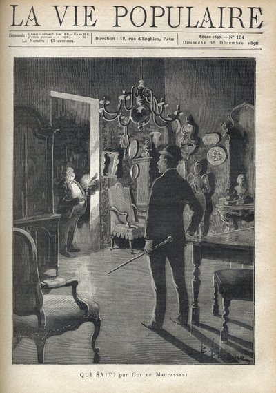 一个人在半夜给家中的入侵者带来惊喜。F. Meaulle在B. Borione之后为《谁知道？"作者：居伊-德-莫泊桑（1850-1893）。1890年在《大众生活》中的版画。私人收藏 作者 路易斯·莫厄尔财富