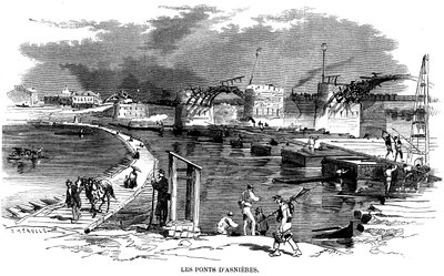 1870 年巴黎被围攻期间，阿斯尼耶（Asnieres）桥被烧毁，之后又修建了一座舟桥（船桥）--在这幅莫尔（Meaulle）的雕刻作品（约 1870 年）中，桥旁的另一座木结构建筑是巴黎公社（Commune de Paris）。 作者 路易斯·莫厄尔财富