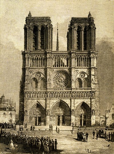 1482 年的巴黎圣母院（Notre-Dame）：西立面和门廊。F. Meaulle 根据维奥莱特-勒-杜克（Viollet-le-Duc）为维克多-雨果的同名小说绘制的插图绘制的版画，20 世纪初奥兰多夫版。左下方 作者 路易斯·莫厄尔财富