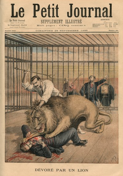 被狮子吞噬，来自&39;Le Petit Journal&39;的封面插图，补充说明，1895年9月29日 作者 财富路易斯·米奥勒和亨利·梅尔