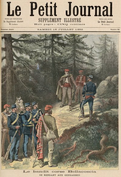 1892年7月16日，“Le Petit Journal”中的科西嘉匪，Jacques Bellacoscia投降警察（彩色光刻） 作者 财富路易斯·米奥勒和亨利·梅尔