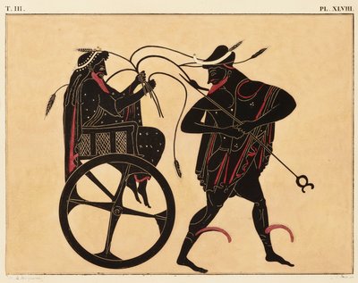 希腊安福拉上的装饰版画，显示特里普托勒摩斯和赫耳墨斯，约 1858 年（水彩和体彩，平版，织纹纸） 作者 福尔克敏 福尔克敏